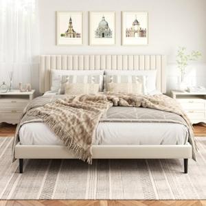 King Size Velvet Upholstered Bed Frame, Beige