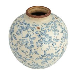 Blue Terracotta Floral Pattern Vase, 8" H