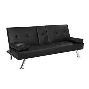 Sleek Black 3-Seater Sofa Bed with Pillows