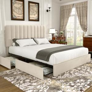 Beige Queen Upholstered Bed Frame with 4 Drawers