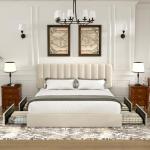 Beige Queen Upholstered Bed Frame with 4 Drawers