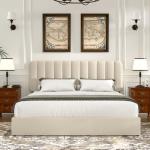 Beige Queen Upholstered Bed Frame with 4 Drawers