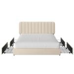 Beige Queen Upholstered Bed Frame with 4 Drawers
