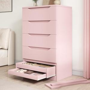 Pink Tall 5-Drawer Dresser with Hidden Storage