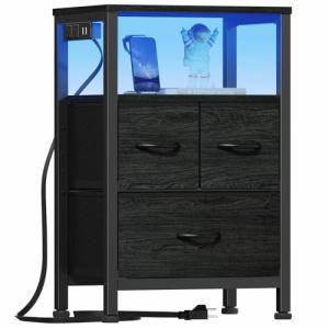 Black Bedside Table with LED Light & Storage