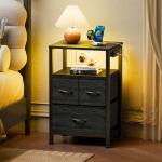Black Bedside Table with LED Light & Storage