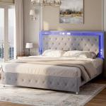 Full Bed Frame with LED Lights and Velvet Upholstery