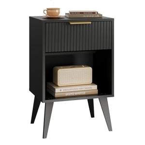 Fluted Black Nightstand with Drawer and Storage