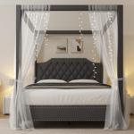 Queen Size Upholstered Canopy Bed Frame, Dark Grey