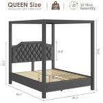 Queen Size Upholstered Canopy Bed Frame, Dark Grey