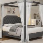 Queen Size Upholstered Canopy Bed Frame, Dark Grey