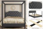 Queen Size Upholstered Canopy Bed Frame, Dark Grey