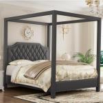 Queen Size Upholstered Canopy Bed Frame, Dark Grey
