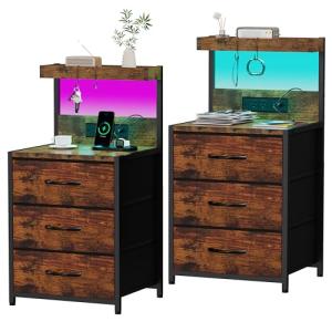 Rustic Brown Nightstands Set with LED Light