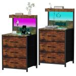 Rustic Brown Nightstands Set with LED Light