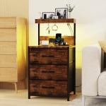 Rustic Brown Nightstands Set with LED Light