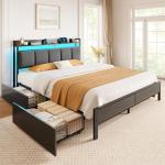 Queen Bed Frame with Charging Station and LED Lights
