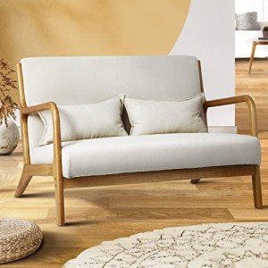 Beige Wooden Frame 2-Seater Lounge Armchair