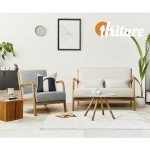 Beige Wooden Frame 2-Seater Lounge Armchair