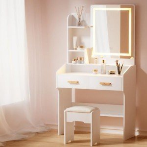 White LED Mirror Dressing Table and Stool Set