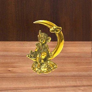 Ganesha Moon Motif Metal Statue for Home Decor