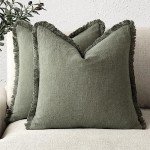 Set of 2 Olive Green Fringe Pillow Covers