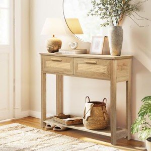 Narrow Rattan Console Table with 2 Drawers