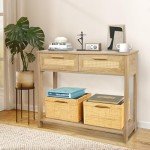 Narrow Rattan Console Table with 2 Drawers