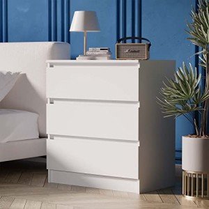 3-Drawer White Bedside Table for Bedroom