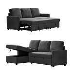 Black 2m Linen 3-Seater Sofa Bed with Chaise