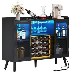 Modern Black Wine Bar Cabinet with LED Lights