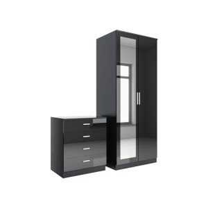 Stylish Black Bedroom Wardrobe and Nightstand Set