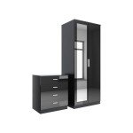 Stylish Black Bedroom Wardrobe and Nightstand Set