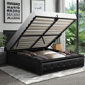 Oikiture Black Double Bed Frame with Storage Lift