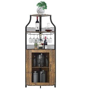 Rustic Brown Corner Wine Cabinet with Storage Shelves