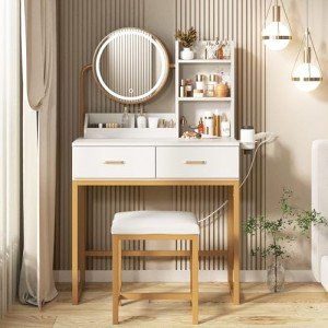 White Makeup Vanity Table with Round Mirror & Lights