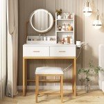 White Makeup Vanity Table with Round Mirror & Lights