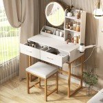 White Makeup Vanity Table with Round Mirror & Lights