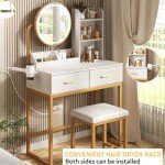 White Makeup Vanity Table with Round Mirror & Lights