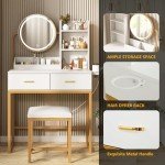White Makeup Vanity Table with Round Mirror & Lights