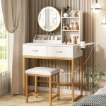 White Makeup Vanity Table with Round Mirror & Lights