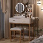 White Makeup Vanity Table with Round Mirror & Lights