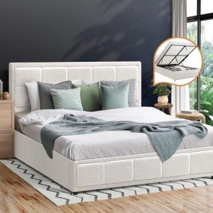 OIKITURE White Gas Lift Double Bed Frame