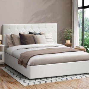 Oikiture White Leather Queen Bed Frame with Storage