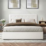Oikiture White Leather Queen Bed Frame with Storage