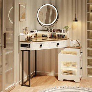 Modern Corner Vanity Set with Mirror and Lights