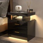 Modern Black Bedside Table with LED and Charging