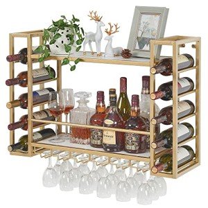 Gold Wall Mounted Wine Rack with Glass Holder