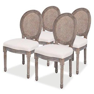 Set of 4 Linen and Rattan Dining Chairs