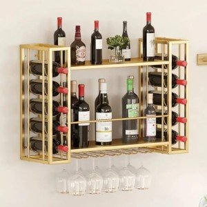 Gold Wall Mounted Wine Rack and Glass Holder